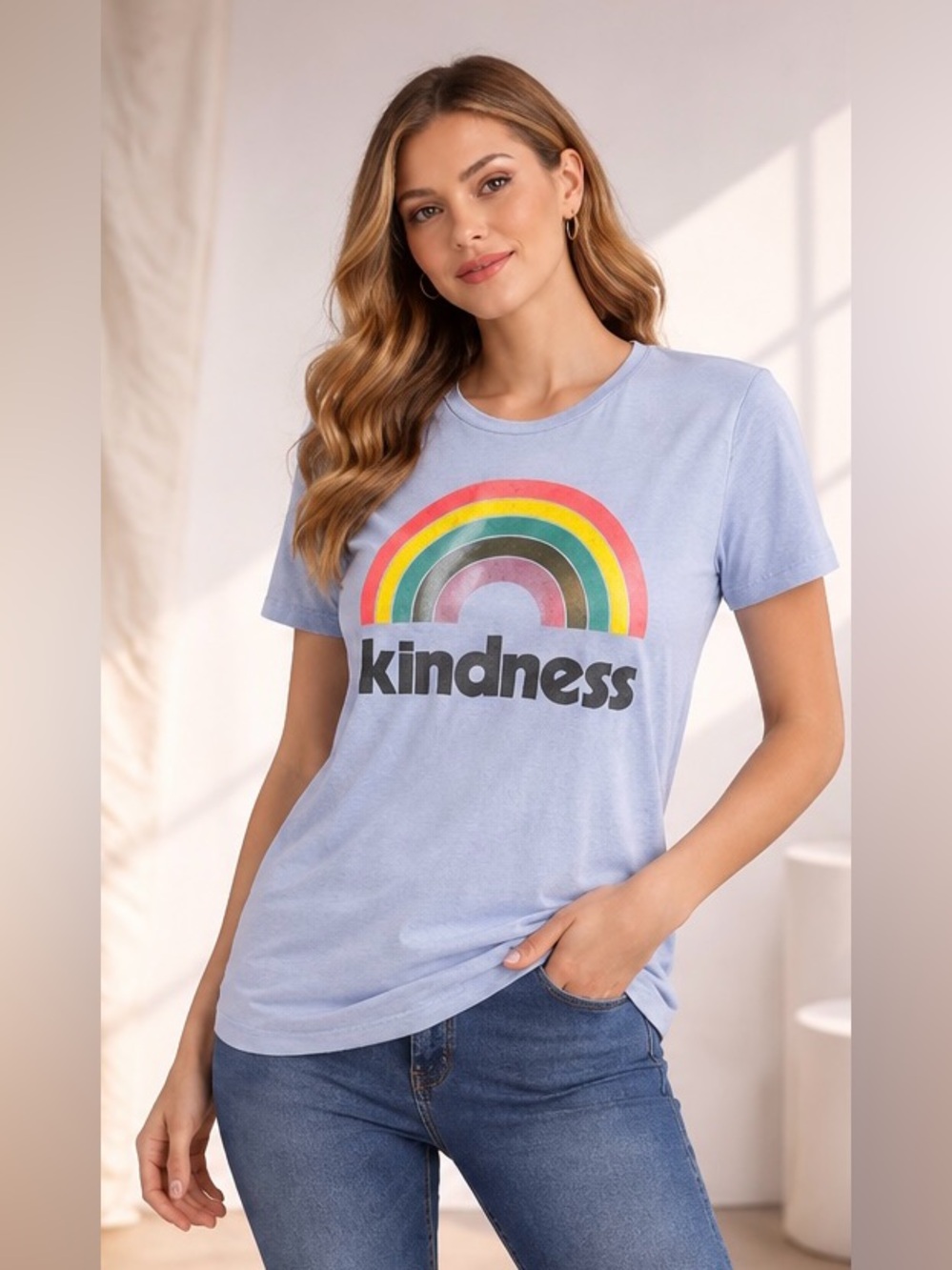 Kindness Rainbow Graphic Tee Baby Blue Top Positive Teacher Caregiver Nurse NWOT